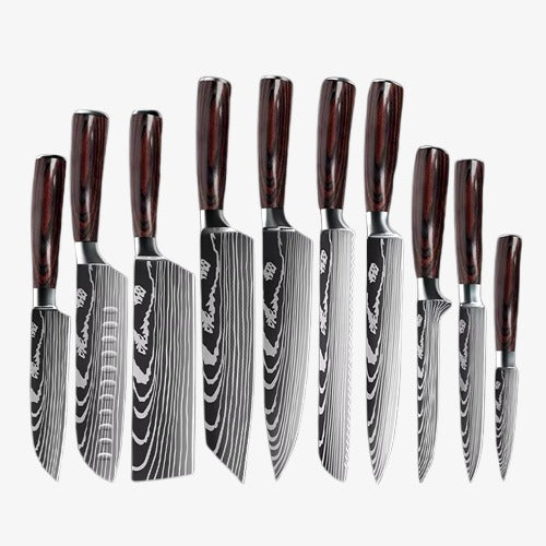 Set de Dix Couteaux  Japonais  en Acier Damas - Chef Takumi - Natural Teak