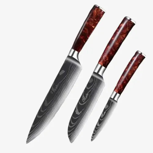 Set de Trois Couteaux Japonais Gyuto, Santoku, Petty en Acier Damas - Chef Takumi - Ruby Wood
