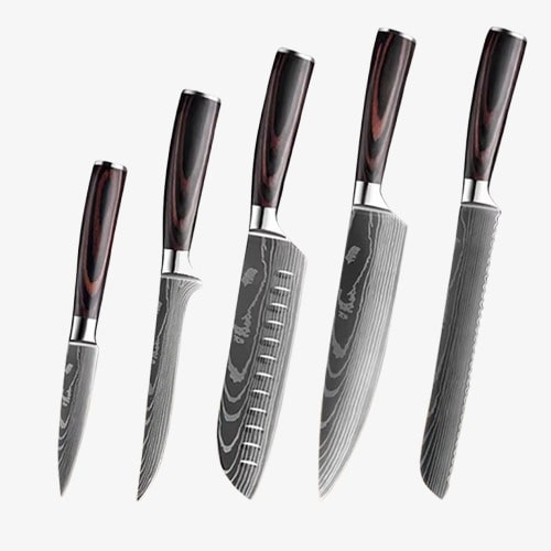 Set de Cinq Couteaux  Japonais Gyuto, Santoku, Petty,  à désosser et à pain, en Acier Damas - Chef Takumi - Natural Teak