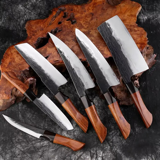 Set de Six couteaux japonais forgés à la main en acier Damas - Manche en bois de buis et ébène