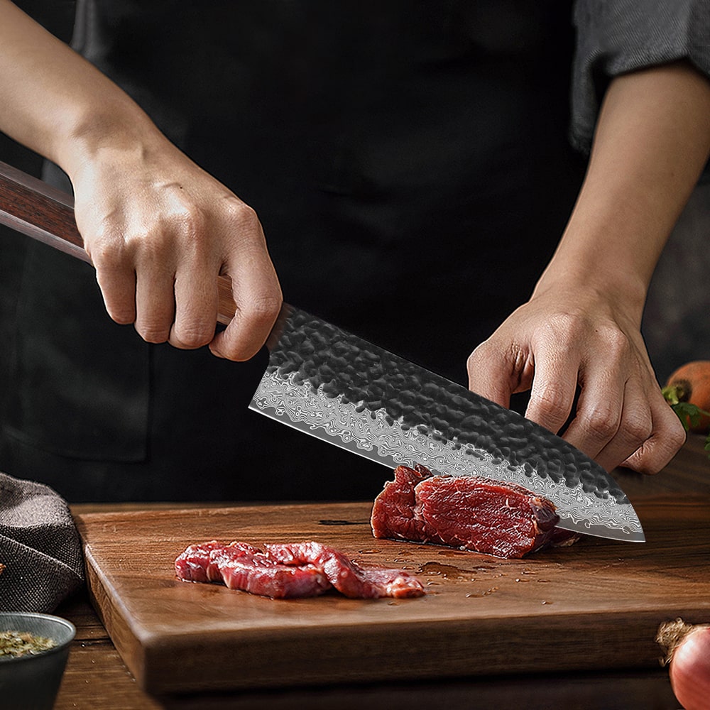 Couteau japonais Santoku en acier Damas - Manche en bois de rose