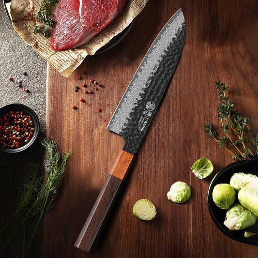 Couteau japonais Santoku en acier Damas - Manche en bois de rose