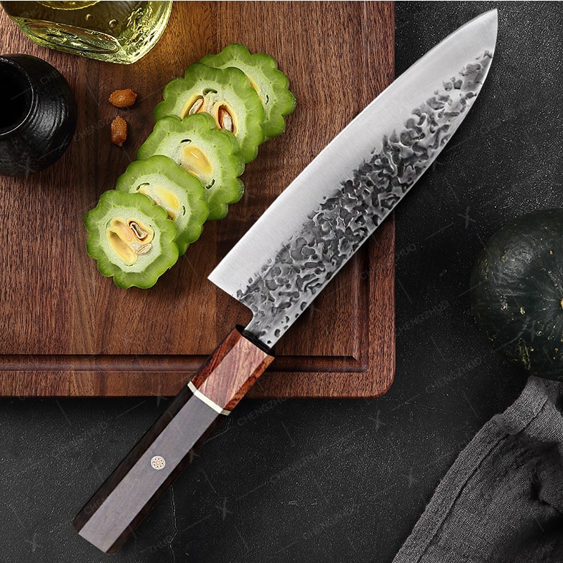 Couteau japonais Santoku en acier Damas - Manche en bois d'olivier