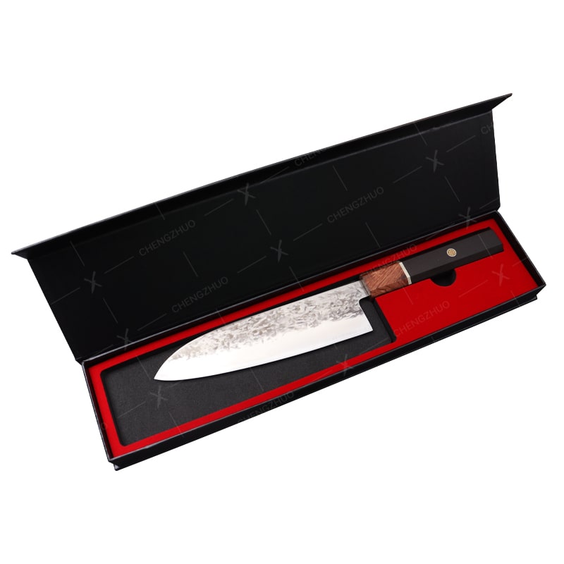 Couteau japonais Santoku en acier Damas - Manche en bois d'olivier