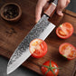 Couteau japonais Santoku en acier Damas - Manche en bois d'olivier