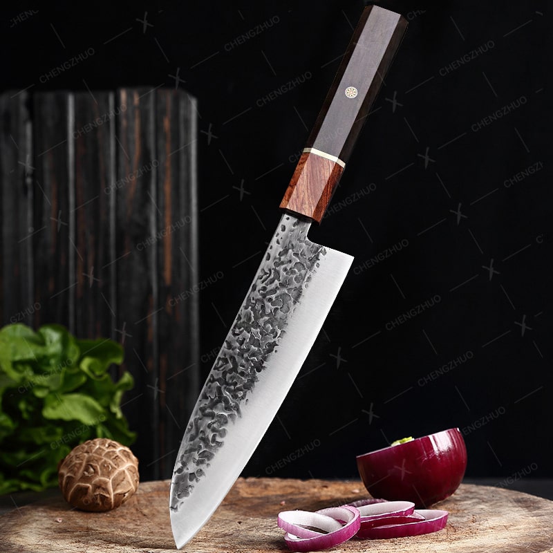 Couteau japonais Santoku en acier Damas - Manche en bois d'olivier