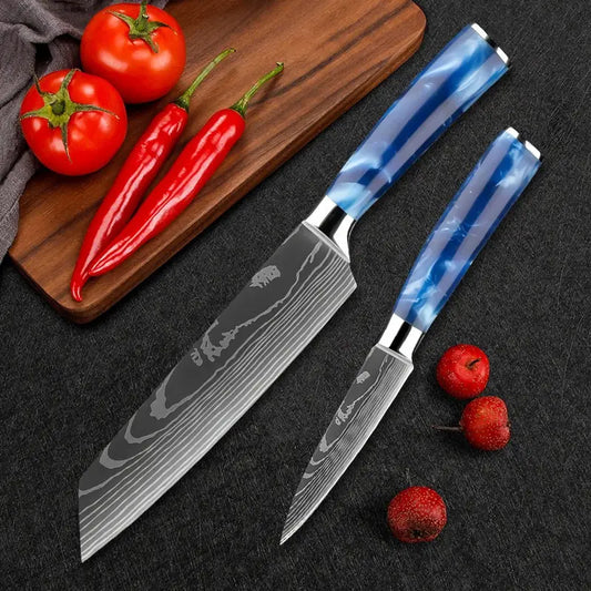 Set de deux couteaux japonais en acier damas kiritsuke et Petty - Manche en bois stabilisé
