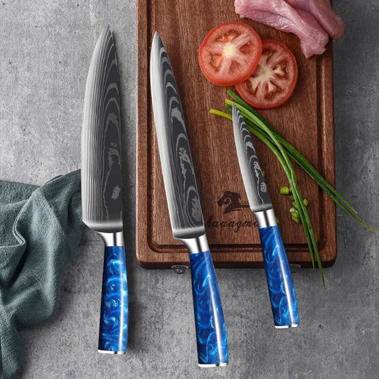Set de trois couteaux japonais en acier damas Deba, Gyuto et Petty - Manche en bois stabilisé