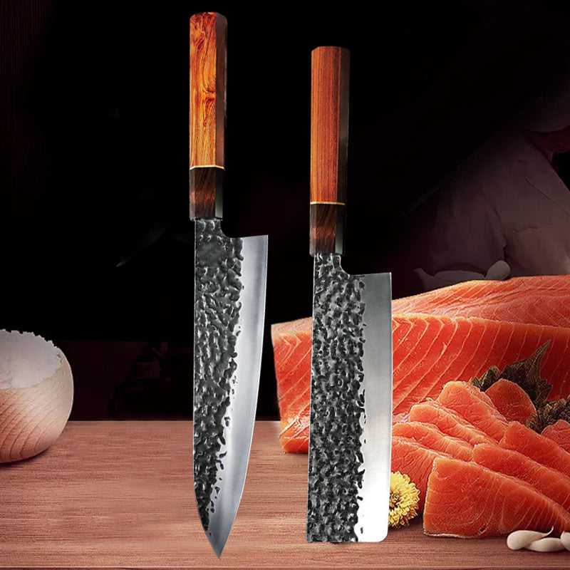 Set de deux couteaux japonais Santoku, Nakiri en acier damas