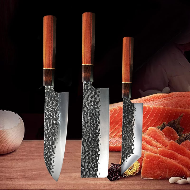 Set de trois couteaux japonais Santoku, Nakiri et Sashimi en acier damas