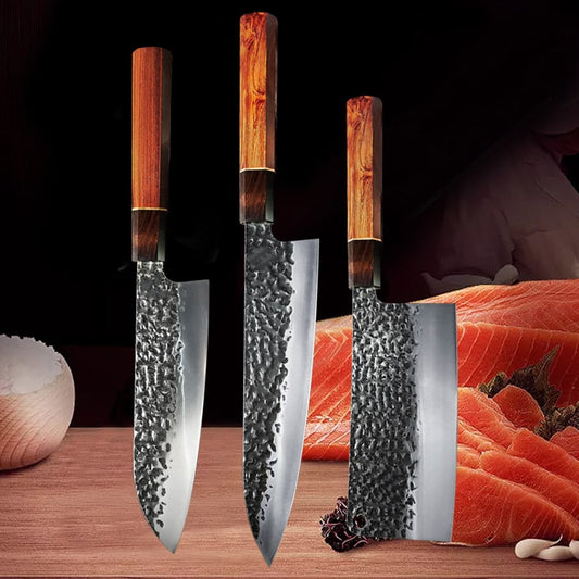 Set de trois couteaux japonais Kiritsuke, Santoku et Couperet en acier damas